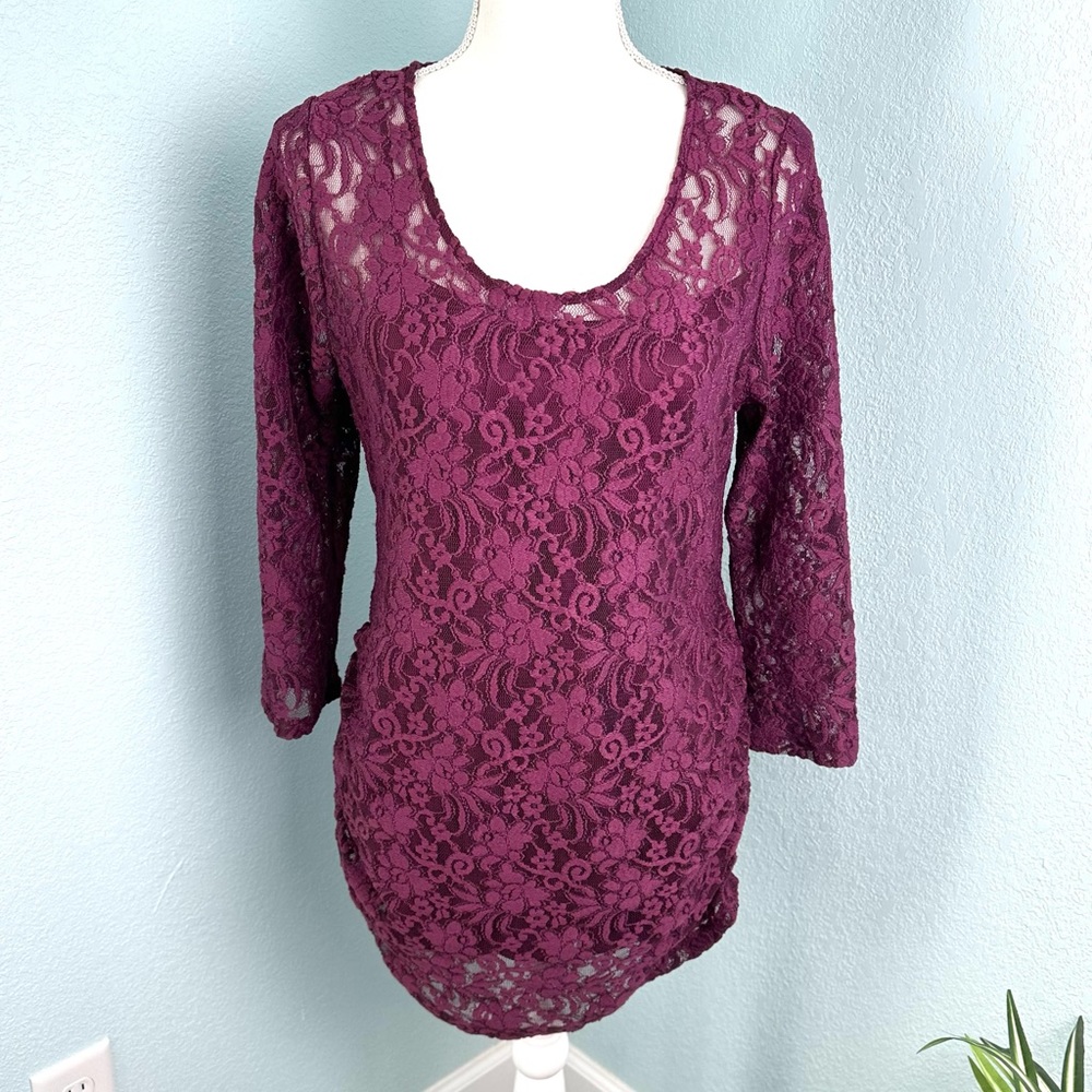 Jessica Simpson Maternity Lg Purple Lace Side Ruch Scoop Neck Built In Cami EUC